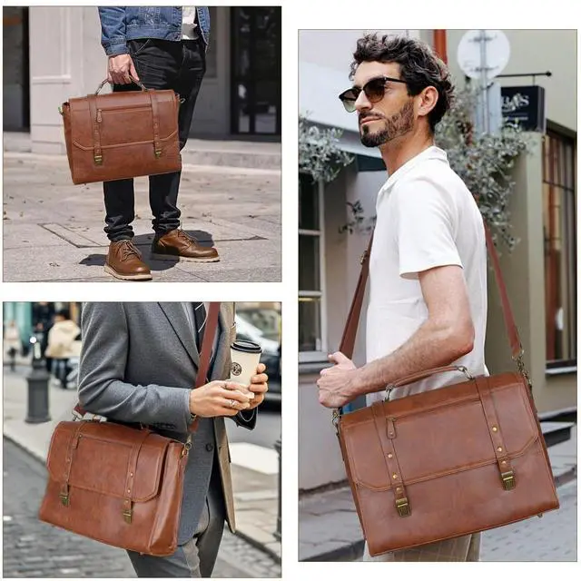 Alt view image 2 of 5 - Mens messenger bag 17 inch, Waterproof Faux Leather Laptop Briefcase Large Computer Laptop Bag Leather Satchel Bag Retro Shoulder Bag for Office Business Travel College Brown