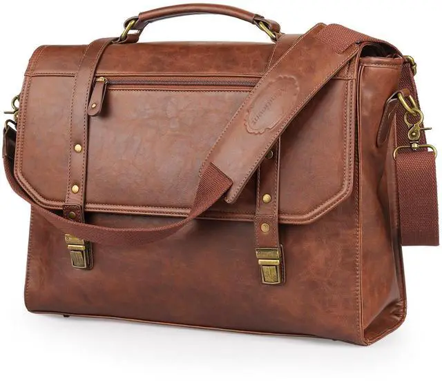 Main image of Mens messenger bag 17 inch, Waterproof Faux Leather Laptop Briefcase Large Computer Laptop Bag Leather Satchel Bag Retro Shoulder Bag for Office Business Travel College Brown