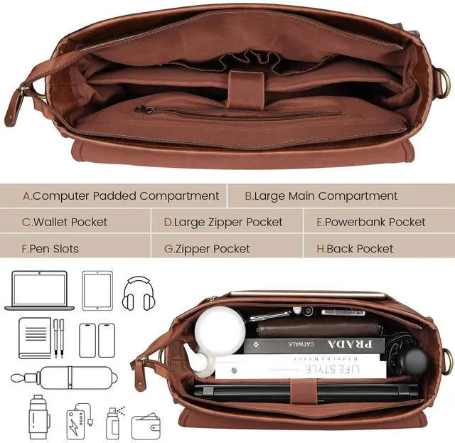 Alt view image 5 of 5 - Mens messenger bag 17 inch, Waterproof Faux Leather Laptop Briefcase Large Computer Laptop Bag Leather Satchel Bag Retro Shoulder Bag for Office Business Travel College Brown