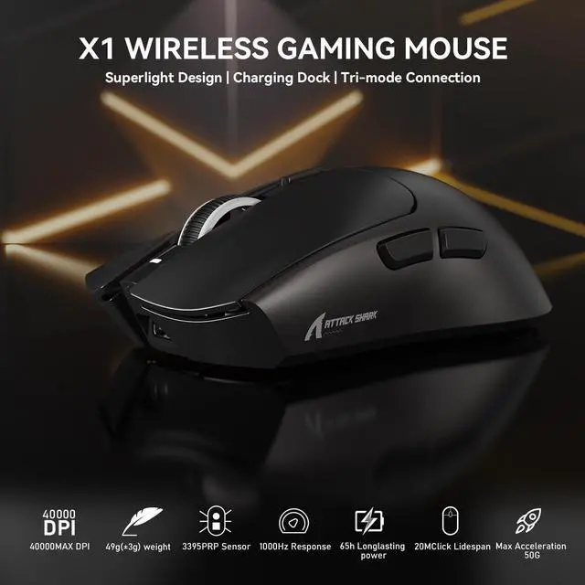 Alt view image 2 of 5 - ATTACK SHARK X1 Wireless Gaming Mouse with RGB Charging Dock, PAW3395 PRO Sensor Up to 40K DPI,53g Ultra Light Tri-Mode Computer Mice,1KHz Polling Rate 5 Programmable Buttons for WIN/MAC-Black