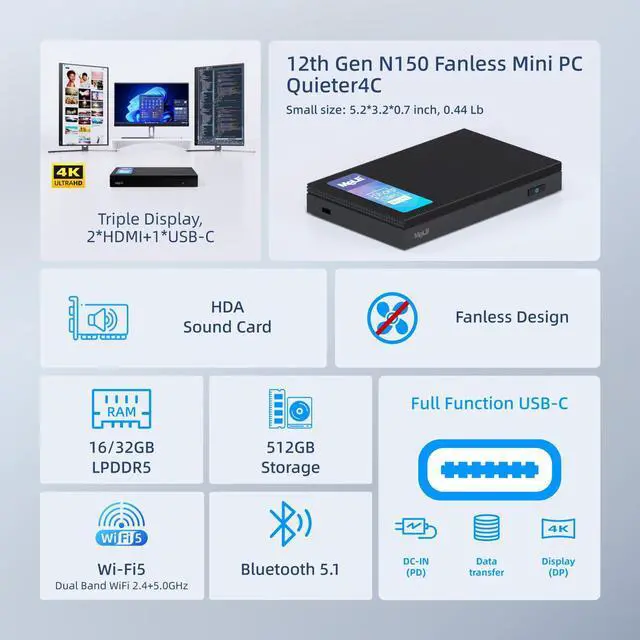 Alt view image 2 of 5 - MeLE Quieter4C N150 Fanless Mini PC (up to 3.6GHz 4C/4T) 16GB LPDDR5 512GB Micro Desktop Computer, Support 4K Triple Display, Dual HDMI, All-in-One USB-C WiFi 5 BT5.1 Ethernet