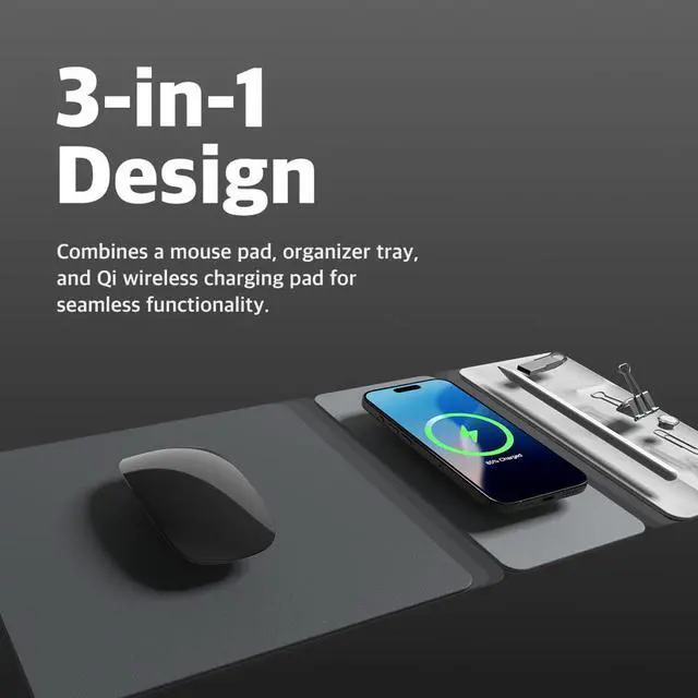 Alt view image 2 of 5 - POUT H3 SplitMax 3-in-1 Wireless Charging Mouse Pad  Fast Qi Charger, Mousepad Mat, and Magnetic Tray Organizer  Compatible with Smartphones and Earbuds (Graphite Grey)