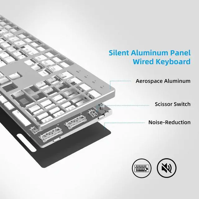 Alt view image 5 of 5 - POWZAN Wired Backlit Keyboard for Windows/Mac,Aluminum Slim & Quite Full Size Keyboards Light Up with USB A/USB C Dual Interface,Compatible with iMac,MacBook,iPad,Laptop,PC-Silver White