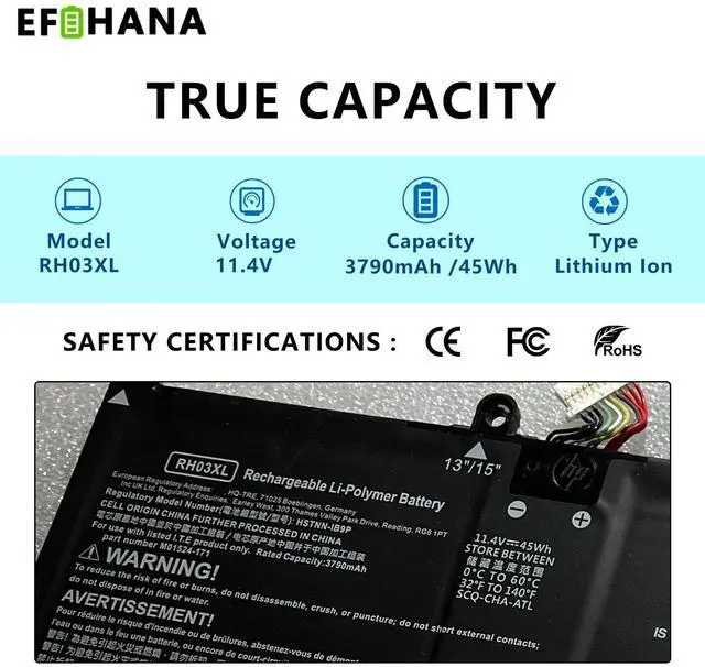 Alt view image 3 of 5 - EFOHANA RH03XL Laptop Battery Replacement for HP ProBook 630 440 445 450 630 640 650 G8 Series HSTNN-IB9Q HSTNN-OB1T HSTNN-DB0B HSTNN-UB7X M01524-2B1 M01524-AC1 11.4V 45Wh 3790mAh