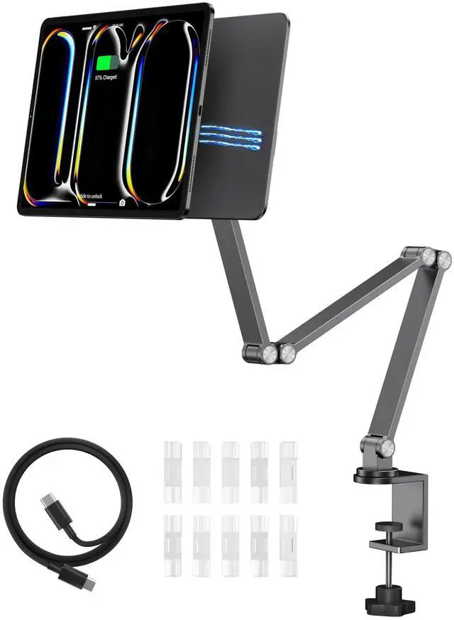Main image of LULULOOK [Upgrade] Magnetic Wireless Charging Stand for iPad Pro 13" M4 Only, Aluminium Alloy iPad Stand for Desk with Foldable Long Arm, 360deg Adjustable Tablet Holder with 2M USB C Cable