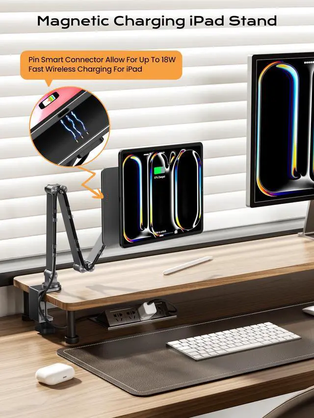 Alt view image 2 of 5 - LULULOOK [Upgrade] Magnetic Wireless Charging Stand for iPad Pro 13" M4 Only, Aluminium Alloy iPad Stand for Desk with Foldable Long Arm, 360deg Adjustable Tablet Holder with 2M USB C Cable