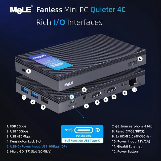 Alt view image 2 of 5 - MeLE Quieter4C Fanless Mini PC 16GB RAM 512GB Storage Micro PC Twin Lake N150(up to 3.6GHz) USB-C 2 X HDMI 4K@60 Triple Display Small Form Factor Desktop Computers with VESA Mount for Home/Office