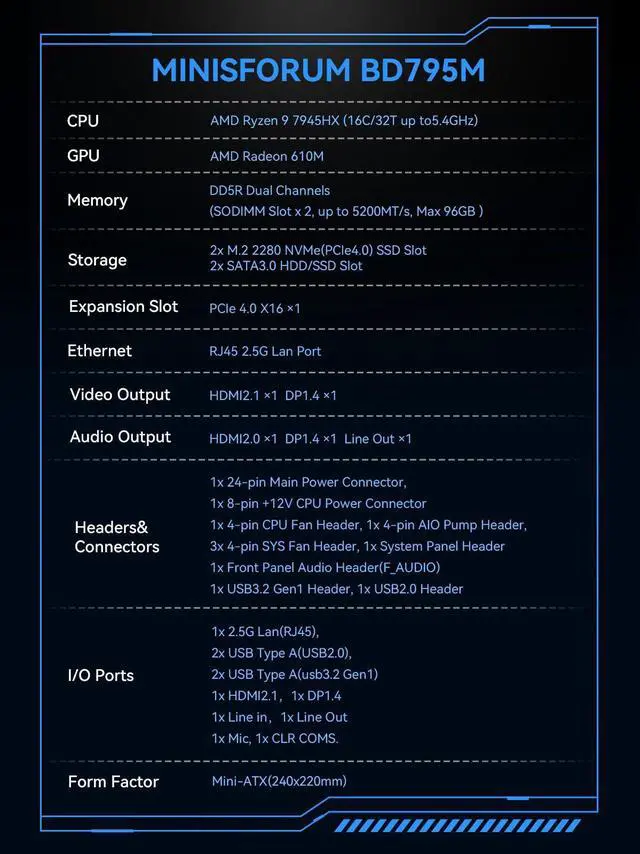 Alt view image 2 of 5 - MINISFORUM Mini PC BD795M M-ATX Motherboard AMD Ryzen 9 7945HX(16C/32T, up to 5.4GHz) Barebone Gaming PC, HDMI/DP Output, 2X PCIe4.0 SSD, 2X SATA3.0 HDD/SSD Slot, RJ45 2.5G LAN AMD Motherboard