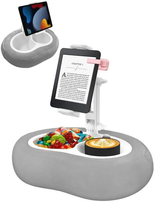 Main image of Tablet Pillow Stand, Compatible with 5"-12.9" Kindle, iPad, Phone/Tablet, Google, Samsung, 360° Rotating Phone Holder for Bed, Soft Plush Fabric, Detachable Bowl, Reading and Relaxation on Bed, Gray