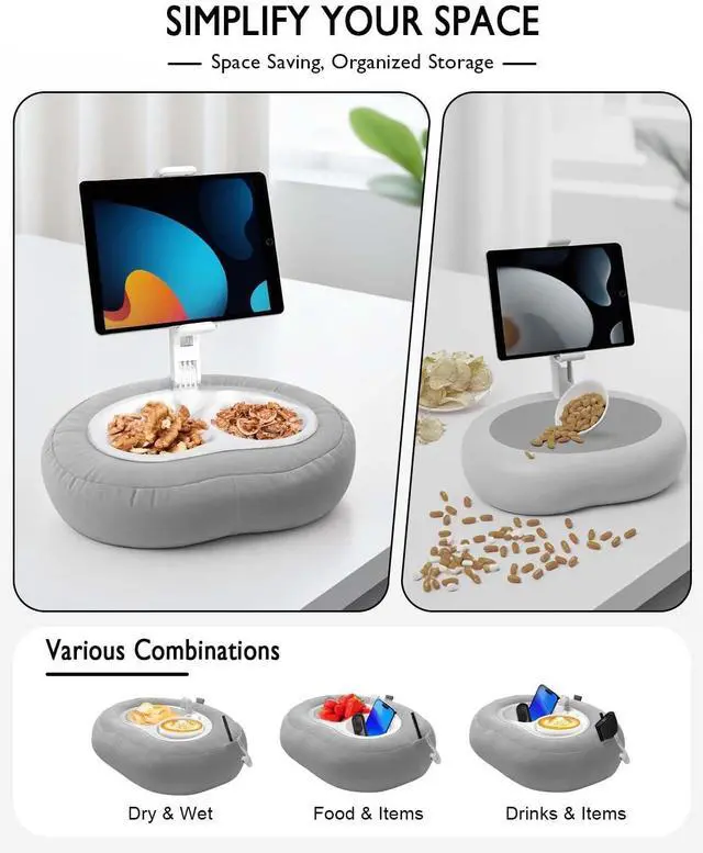 Alt view image 3 of 5 - Tablet Pillow Stand, Compatible with 5"-12.9" Kindle, iPad, Phone/Tablet, Google, Samsung, 360° Rotating Phone Holder for Bed, Soft Plush Fabric, Detachable Bowl, Reading and Relaxation on Bed, Gray