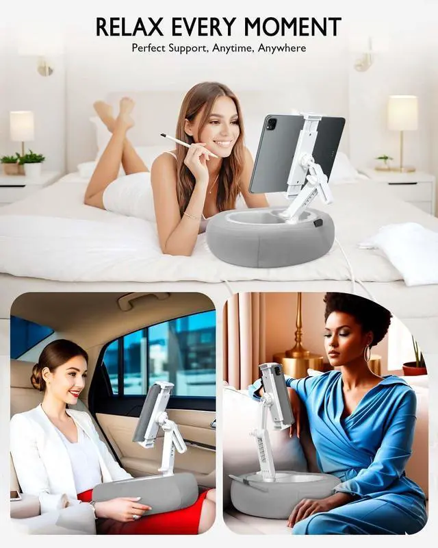 Alt view image 2 of 5 - Tablet Pillow Stand, Compatible with 5"-12.9" Kindle, iPad, Phone/Tablet, Google, Samsung, 360° Rotating Phone Holder for Bed, Soft Plush Fabric, Detachable Bowl, Reading and Relaxation on Bed, Gray