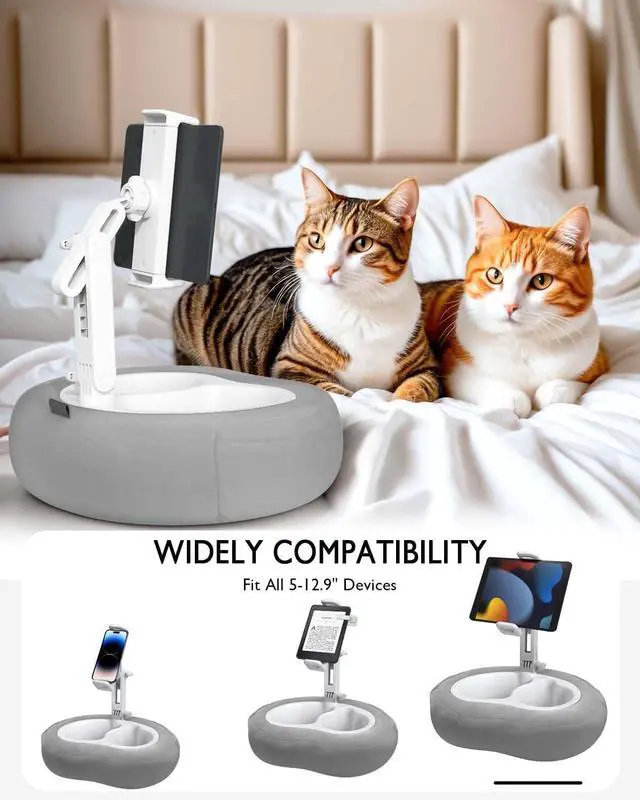 Alt view image 4 of 5 - Tablet Pillow Stand, Compatible with 5"-12.9" Kindle, iPad, Phone/Tablet, Google, Samsung, 360° Rotating Phone Holder for Bed, Soft Plush Fabric, Detachable Bowl, Reading and Relaxation on Bed, Gray