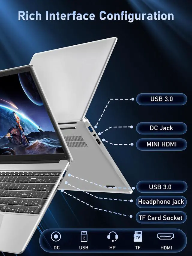 Alt view image 5 of 5 - ZWYING 15.6" 4K Laptop, Laptop with Alder Lake N95(Up to 3.4GHz),15.6-inch UHD 3840 * 2160 Display 16GB RAM 512GB NVMe SSD Win 11 Pro,5800mAh Battery,WiFi 5, Backlit KB,Fingerprint Sensor (Silver)