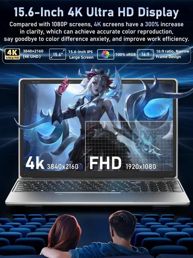 Alt view image 2 of 5 - ZWYING 15.6" 4K Laptop, Laptop with Alder Lake N95(Up to 3.4GHz),15.6-inch UHD 3840 * 2160 Display 16GB RAM 512GB NVMe SSD Win 11 Pro,5800mAh Battery,WiFi 5, Backlit KB,Fingerprint Sensor (Silver)