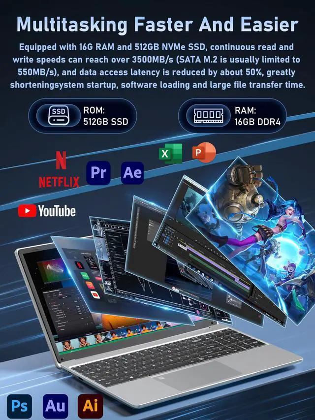 Alt view image 4 of 5 - ZWYING 15.6" 4K Laptop, Laptop with Alder Lake N95(Up to 3.4GHz),15.6-inch UHD 3840 * 2160 Display 16GB RAM 512GB NVMe SSD Win 11 Pro,5800mAh Battery,WiFi 5, Backlit KB,Fingerprint Sensor (Silver)