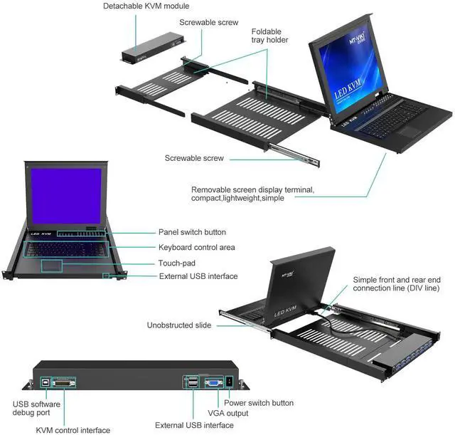Alt view image 2 of 5 - MT-VIKI Rack KVM Switch w/17'' LCD Monitor, 16 Port VGA KVM Switch with Keyboard Touchpad Monitor, Fit for 1U 19'' Rack, OSD/Hotkey/Button [(with 16 VGA KVM Cable)]