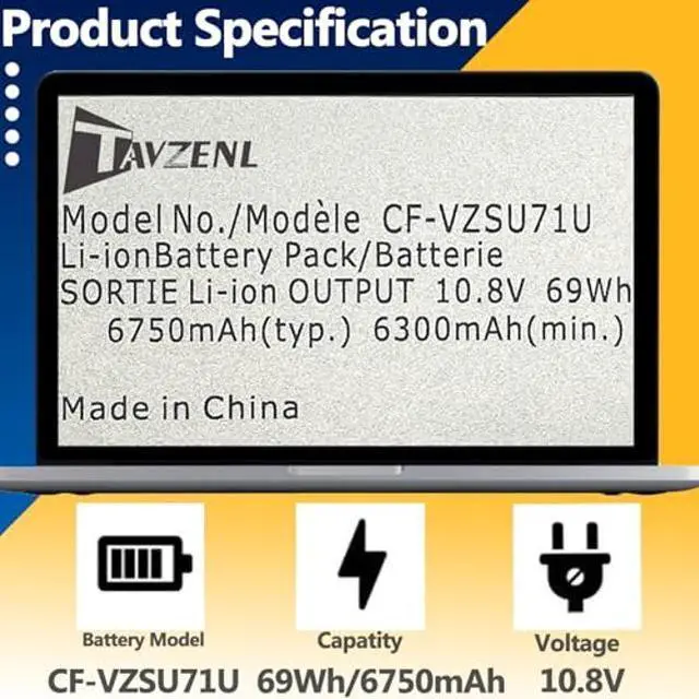 Alt view image 2 of 5 - TAVZENL CF-VZSU71U 69Wh Battery Replacement for Panasonic Toughbook CF-53 CF-31 CF-30 Series CF-VZSU72U CF-VZSU1430U CF-VZSU46 CF-VZSU46S CF-VZSU46U CF-VZSU46R 10.8V 6750mAh
