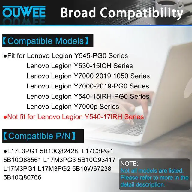 Alt view image 3 of 5 - OUWEE L17L3PG1 L17C3PG1 L17M3PG1 Laptop Battery Compatible with Lenovo Legion Y530-15ICH Y7000 2019 1050 Y7000-2019-PG0 Y540-15IRH-PG0 Y7000P Series Notebook L17M3PG3 11.34V 52.5Wh
