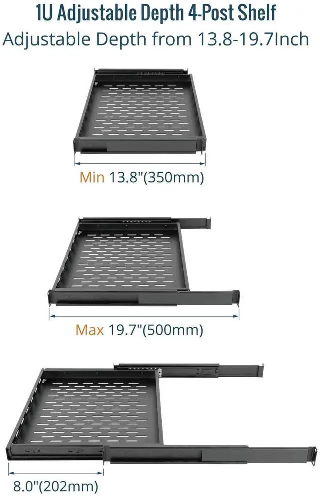 Alt view image 3 of 5 - Tecmojo 1U Sliding Rack Shelf,4-Post Vented Rack Mount Shelf,13.8in Deep with Adjustable Mounting Depth 13.8-19.7in,Supports to 110lbs,for 19 Inch AV/Network Equipment Rack,Unassembled,Black