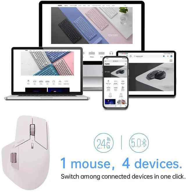 Alt view image 2 of 5 - Rapoo MT760Mini Bluetooth Wireless Mouse - Bluetooth 5.0 and 2.4GHz Multi-Mode Connection, Support 4 Devices, M+ Cross Computer Technology, 11 Programmable Buttons,Pink