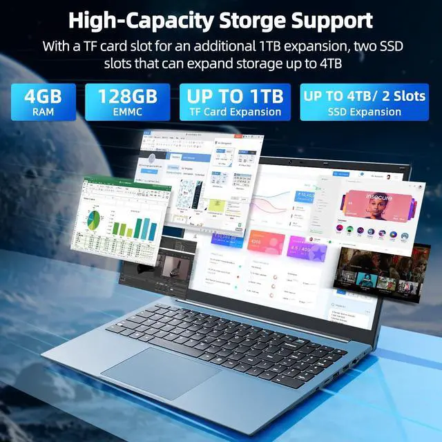 Alt view image 2 of 5 - Naclud 15.6 Inch Laptops, Windows 11 Laptop Computers, 4GB DDR4 128GB SSD, Celeron N5095 Quad-Core CPU(Up to 2.9GHz), 1 Year Office 365, WiFi 6, 7000mAh, USB 3.2 * 3, HDMI, Type-C, BT5.2(Gray)
