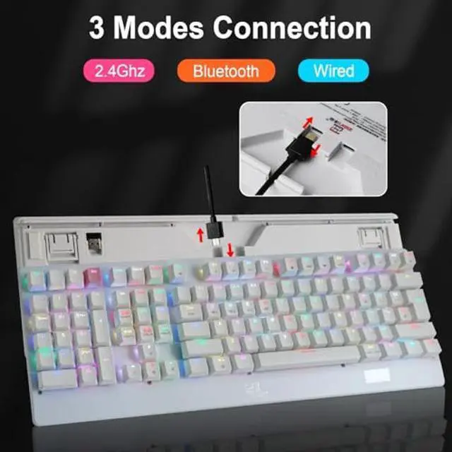 Alt view image 3 of 5 - Neepoolock ZY-2218 Left-Handed RGB Mechanical Keyboard for Gaming Accounting - BT/2.4Ghz/USB-C Connectivity, Full-Size 111 Keys, Dual OS Compatibility (White)