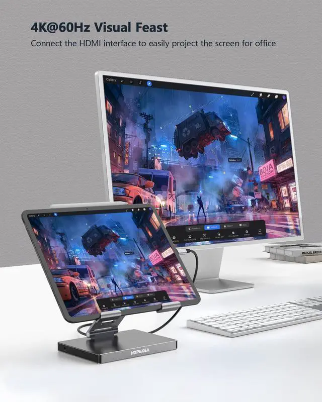 Alt view image 3 of 5 - iPad Pro USB C Hub Stand, 9-in-1 Adapter for iPad Pro M4 M2 13 12.9 11 Inch Docking Station Foldable with 4K 60Hz HDMI, RJ45 Gigabit Ethernet, SD/TF Card Reader, 3 USB 3.0, 3.5 mm Audio, iPad Air