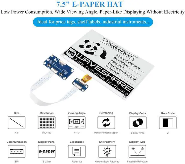 Alt view image 3 of 5 - 7.5inch E-Ink Display HAT Compatible with Raspberry Pi 5/4B/3B+/Zero/Zero W/Zero 2W/Pico/Pico W/Pico 2/Pico 2W/Jetson Nano, 7.5" E-Paper HAT 800x480 Resolution SPI Interface, Black White Two-Color