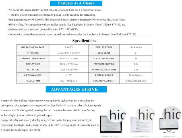 Alt view image 4 of 5 - 7.5inch E-Ink Display HAT Compatible with Raspberry Pi 5/4B/3B+/Zero/Zero W/Zero 2W/Pico/Pico W/Pico 2/Pico 2W/Jetson Nano, 7.5" E-Paper HAT 800x480 Resolution SPI Interface, Black White Two-Color
