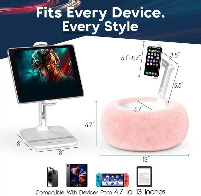 Alt view image 2 of 5 - SHOPPINGALL 2-in-1 Tablet Holder Pillow Stand for 4.7"-13" Phone/Tablet/iPad/Kindle, 360degAdjustable Convertible Phone Holder for Bed with Detachable Soft Plush Fabric Cushion - SA-209ZD3-Pink