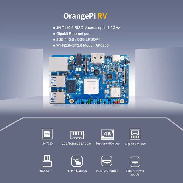 Alt view image 3 of 5 - Orange Pi RV 2GB/4GB/8GB LPDDR4 RISC-V Single Board Computer with StarFive JH7100 4-Core 64-Bit Processor, Wi-Fi 5.0/Bluetooth 5.0, Development Board Run Linux/Debian (8GB+Power Supply)