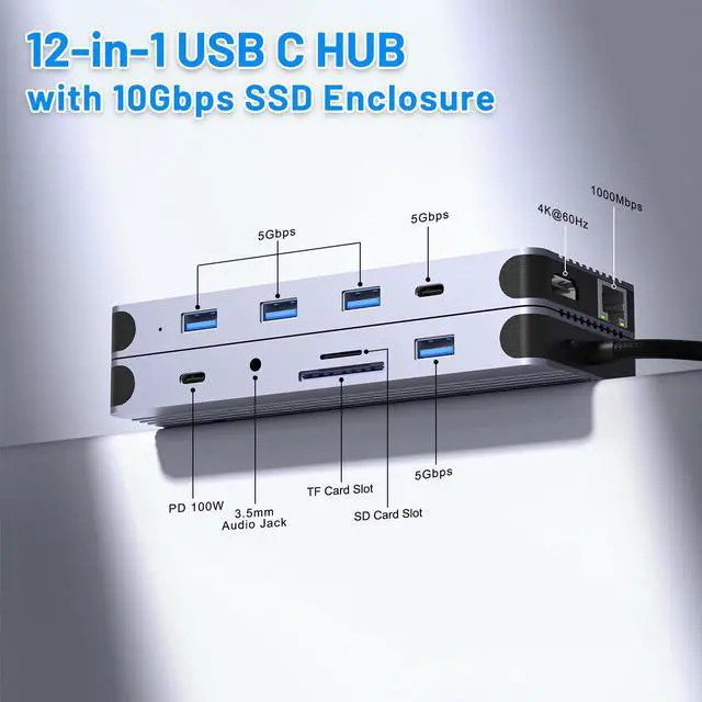 Alt view image 2 of 5 - 12-in-1 Hub with M.2 NVMe/SATA SSD Enclosure - Adapter for PCIe 3.0 NVMe M.2 SSD & 2.5-inch SATA HDD, 4K/60Hz HDMI, USB 3.0 (5Gbps), USB-C (5Gbps), RJ45 - Compatible with Windows & MacBook Pro
