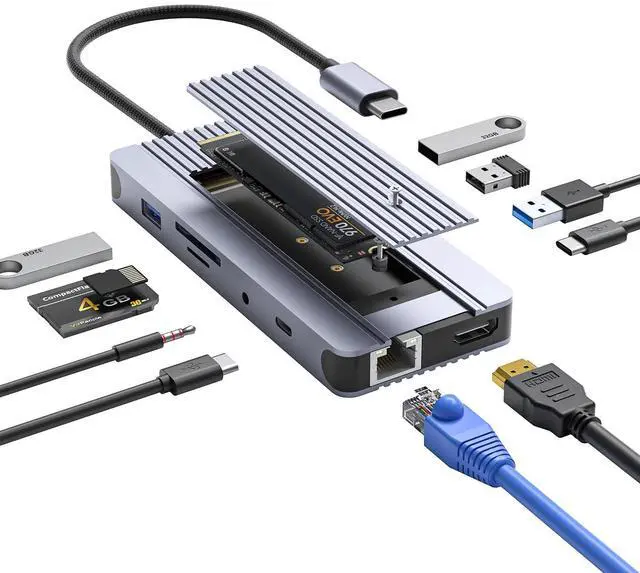 Main image of 12-in-1 Hub with M.2 NVMe/SATA SSD Enclosure - Adapter for PCIe 3.0 NVMe M.2 SSD & 2.5-inch SATA HDD, 4K/60Hz HDMI, USB 3.0 (5Gbps), USB-C (5Gbps), RJ45 - Compatible with Windows & MacBook Pro