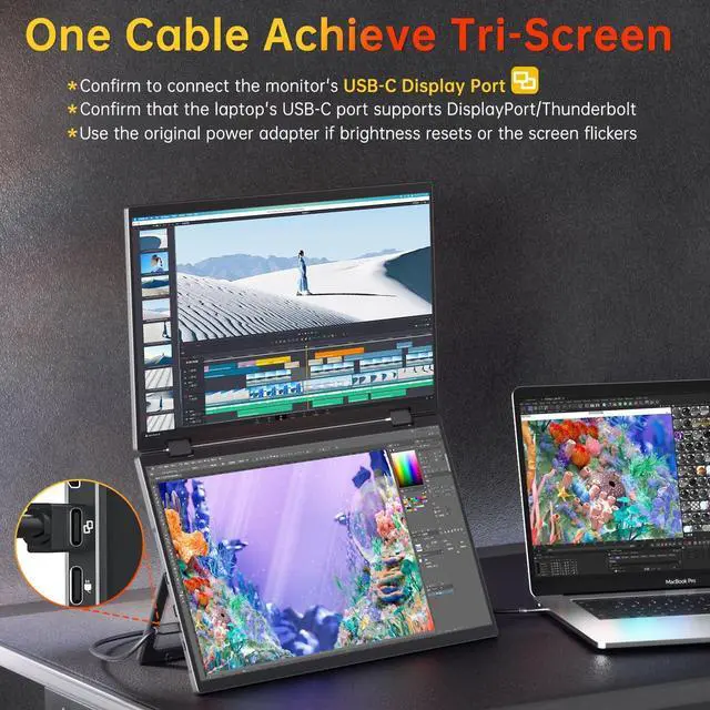 Alt view image 3 of 5 - VisionOwl Stacked Portable Monitor 15.6inch Dual Foldable Travel Display 1080P 120% sRGB DE<2 USB-C HDMI Triple Laptop Screen Extender Built-in Kickstand VESA Mountable for Laptop PC Mac Windows