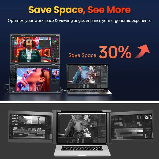 Alt view image 4 of 5 - VisionOwl Stacked Portable Monitor 15.6inch Dual Foldable Travel Display 1080P 120% sRGB DE<2 USB-C HDMI Triple Laptop Screen Extender Built-in Kickstand VESA Mountable for Laptop PC Mac Windows