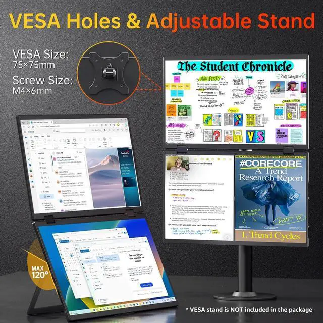 Alt view image 5 of 5 - VisionOwl Stacked Portable Monitor 15.6inch Dual Foldable Travel Display 1080P 120% sRGB DE<2 USB-C HDMI Triple Laptop Screen Extender Built-in Kickstand VESA Mountable for Laptop PC Mac Windows