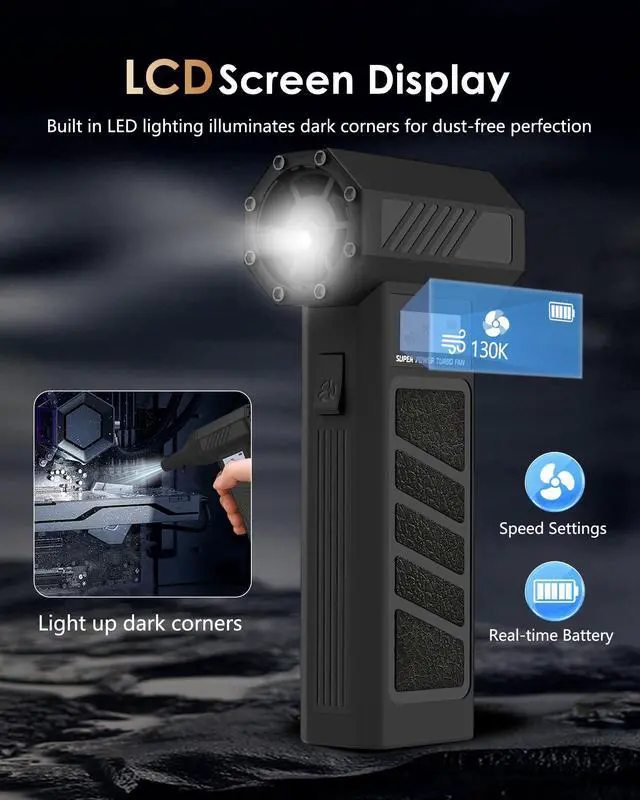 Alt view image 4 of 5 - Electric Air Duster - OVVGO Compressed Air Duster Cordless Air Blower Rechargeable, 130000RPM 4-Gear Adjustable Dust Blower with LED Light Portable Duster for Cleaning Computer Keyboard Car Outdoor