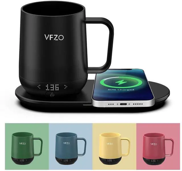 Main image of VFZO Temperature Control Smart Mug, Self Heating Coffee Mug LED Display, 180 Min Battery Life - Hot up to 149 Fast Wireless Charger Base Improved Design coffee serving sets mug(12oz, Black)