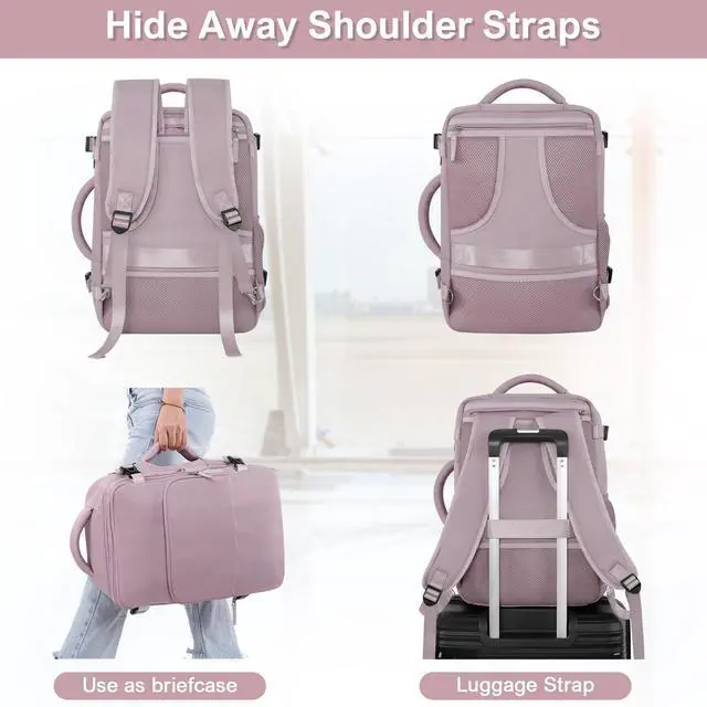 Alt view image 3 of 5 - Sinaliy Travel Backpack, Carry on Flight Approved Backpack with Multi-Pockets, TSA Waterproof 17.3inch Laptop Backpack, Personal Item Travel Bag for Men Women, Light Purple