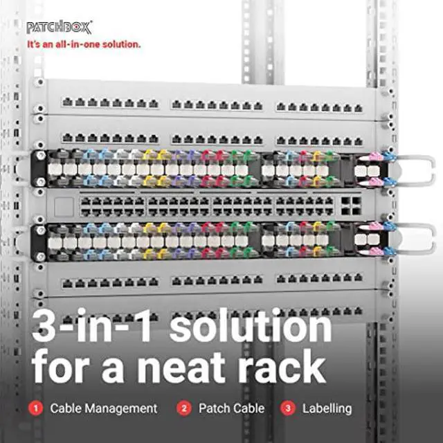 Alt view image 2 of 5 - PATCHBOX(r) Plus+ Cat.6a - 24-Port Patch Panel with Retractable Cable Management System for 19" Racks, Includes Flat 10GB Cables and Cassettes, Easy Network and Server Setups (UTP, Black, 1.8m / 30RU)