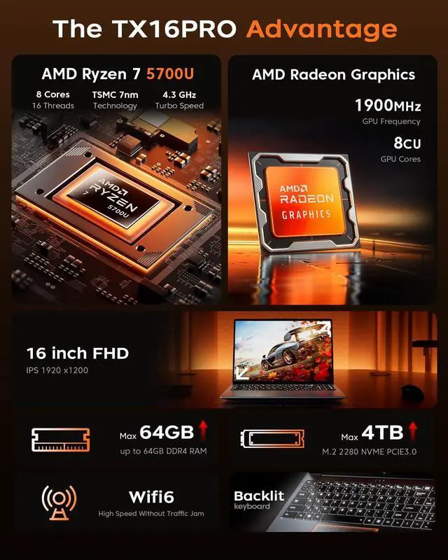 Alt view image 2 of 5 - KAIGERR 2025 Gaming Laptop, 16.0inch Laptop Computer with AMD Ryzen 7 5825U(8C/16T, Up to 4.5GHz), 16GB RAM 512GB NVMe SSD Windows 11 Laptop, Radeon RX Vega 8 Graphics,WiFi 6, Backlit KB