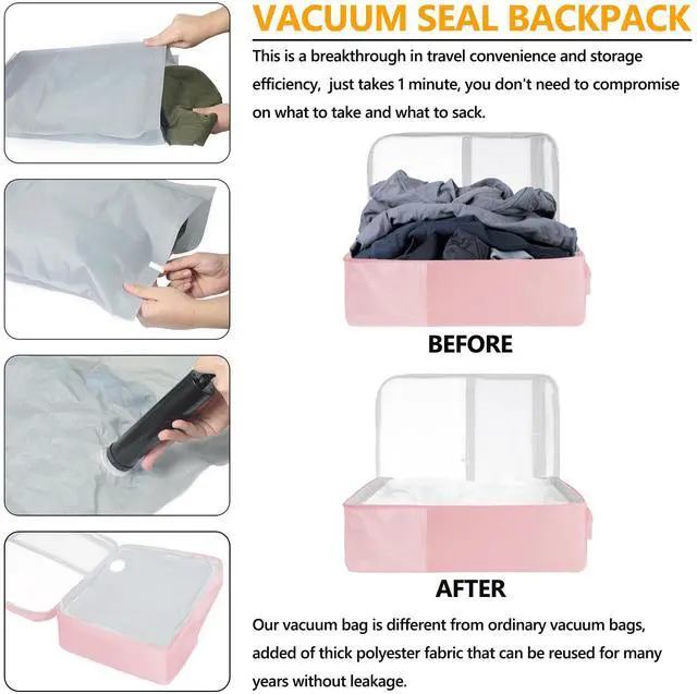 Alt view image 2 of 5 - SUOCO Travel Vacuum Backpack, 60L Seal Compression Air Vac Bag Back Pack with Travel Pump, Carry On Suitcase Luggage Flight Approved for Men Women Personal Item, Pink