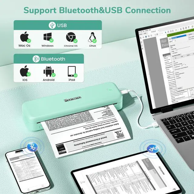 Alt view image 5 of 5 - Phomemo Portable Printers Wireless for Travel,M834 Bluetooth Thermal Printer 8.5" x 11"& A4 Size,Inkless Mobile Printer with Carry Case for Travel,Office,School,Car,Home,Green