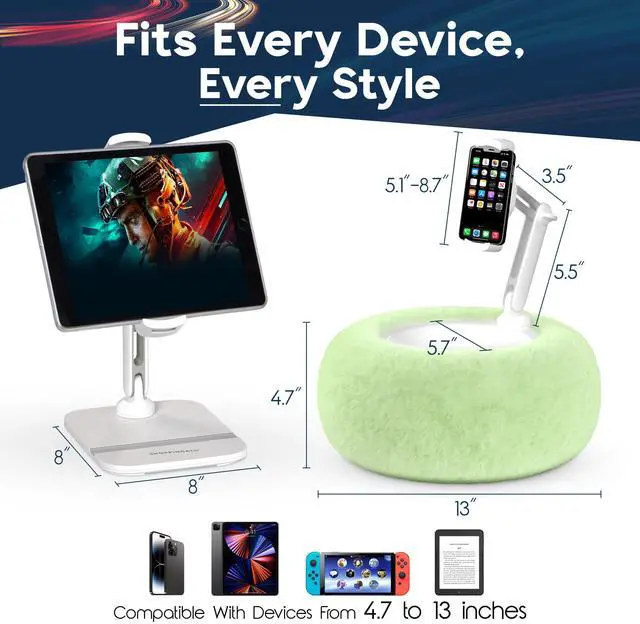 Alt view image 2 of 5 - SHOPPINGALL 2-in-1 Tablet Holder Pillow Stand for 4.7"-13" Phone/Tablet/iPad/Kindle, 360degAdjustable Convertible Phone Holder for Bed with Detachable Soft Plush Fabric Cushion - SA-209ZD3-Green