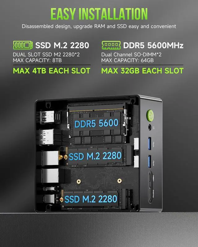 Alt view image 3 of 5 - GMKtec Gaming PC, K11 AMD Ryzen 9 8945HS(8C/16T, Up to 5.2GHz), 32GB DDR5 RAM 1TB Mini PC Desktop Computer, Oculink, Dual NIC 2.5GbE LAN, HDMI/DisplayPort/USB4*2