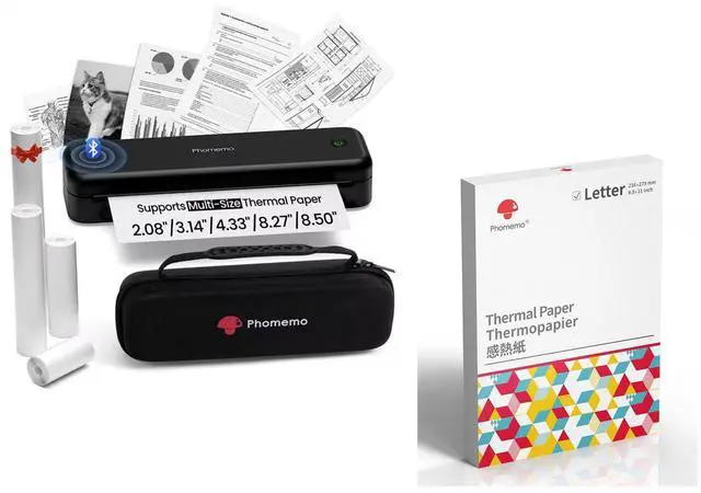 Main image of Phomemo M834 Bluetooth Thermal Printer with Carry Case & 200 Sheets US Letter Thermal Printer Paper 8.5" x 11"