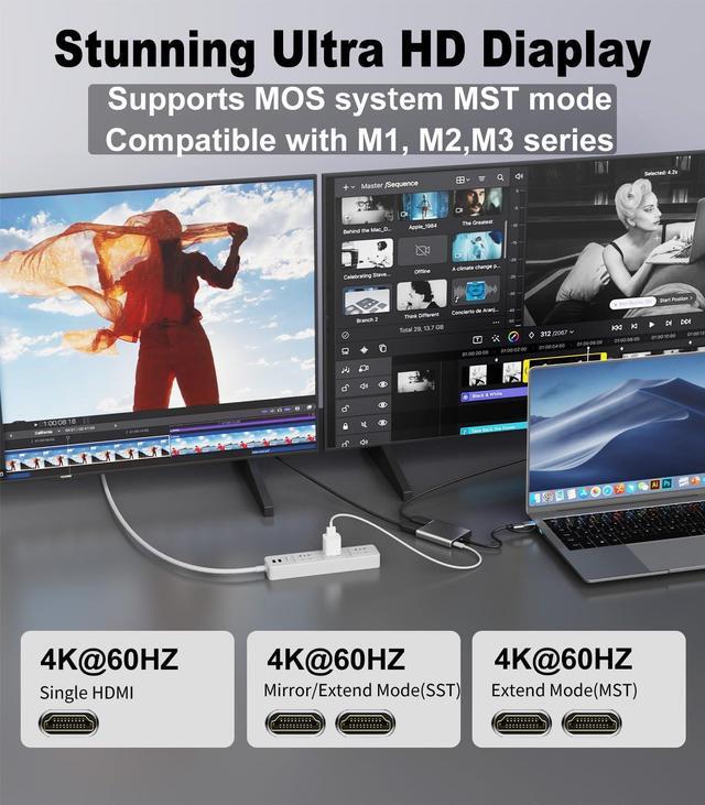 Alt view image 4 of 5 - TAHNDBLE USB C to HDMI Adapter, Dual Display 4K 60Hz Output for Apple Mac M1/M2/M3, DisplayLink Adapter (DL6950) for USB 4, Thunderbolt 3/4/5, iMac, MacBook Pro/Air, Laptop-(Driver Required)