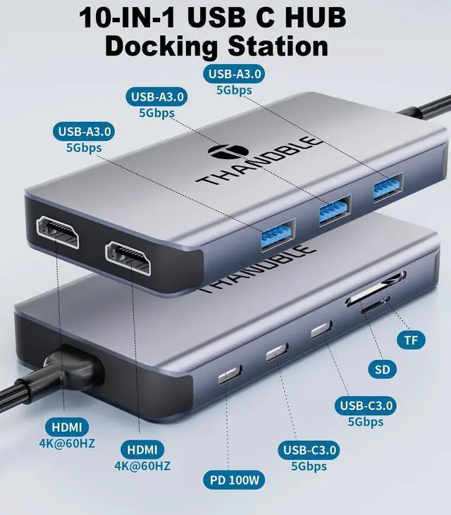 Alt view image 2 of 5 - USB C Hub USB C Docking Station Dual Monitor 10 in 1 Multi Monitor Adapter with 2 HDMI, 3 USB-A, 2 Type-C, SD/TF, 100W PD Charging, Dongle for MacBook/Dell/HP/Lenovo ThinkPad/Surface