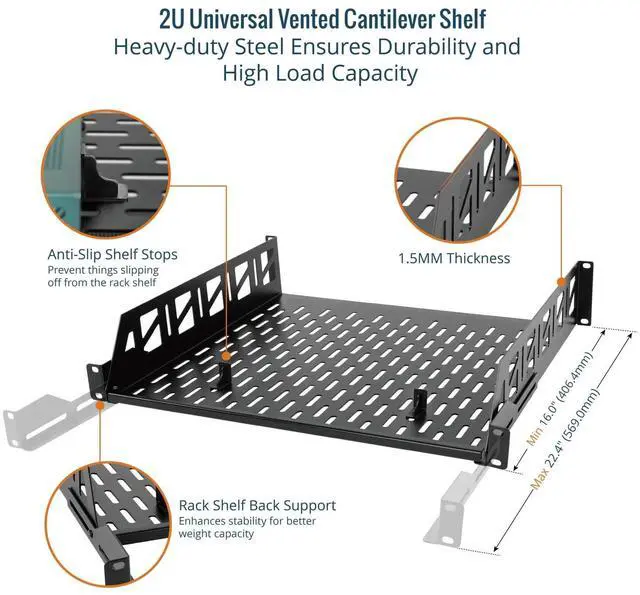 Alt view image 3 of 5 - Tecmojo 2U Rack Shelf,19 inch Server Rack Shelf 16 inch Depth,Weight Capacity 110Lbs/50kg,Rack Mount Shelf for 19" Network Racks & Cabinets,with Complete Accessories