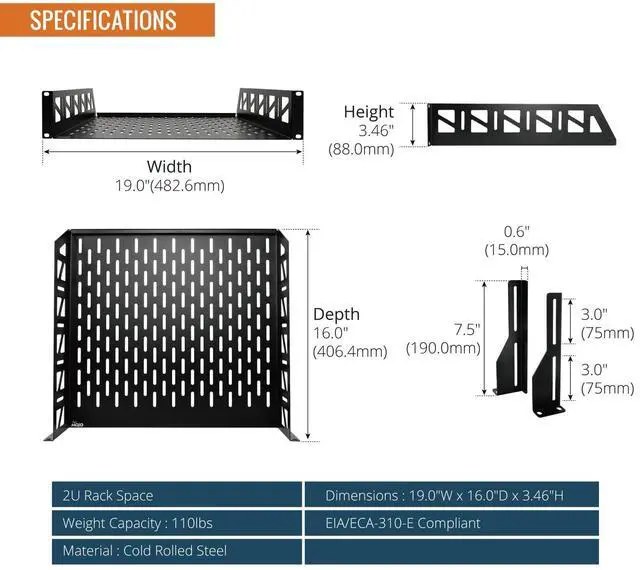 Alt view image 2 of 5 - Tecmojo 2U Rack Shelf,19 inch Server Rack Shelf 16 inch Depth,Weight Capacity 110Lbs/50kg,Rack Mount Shelf for 19" Network Racks & Cabinets,with Complete Accessories